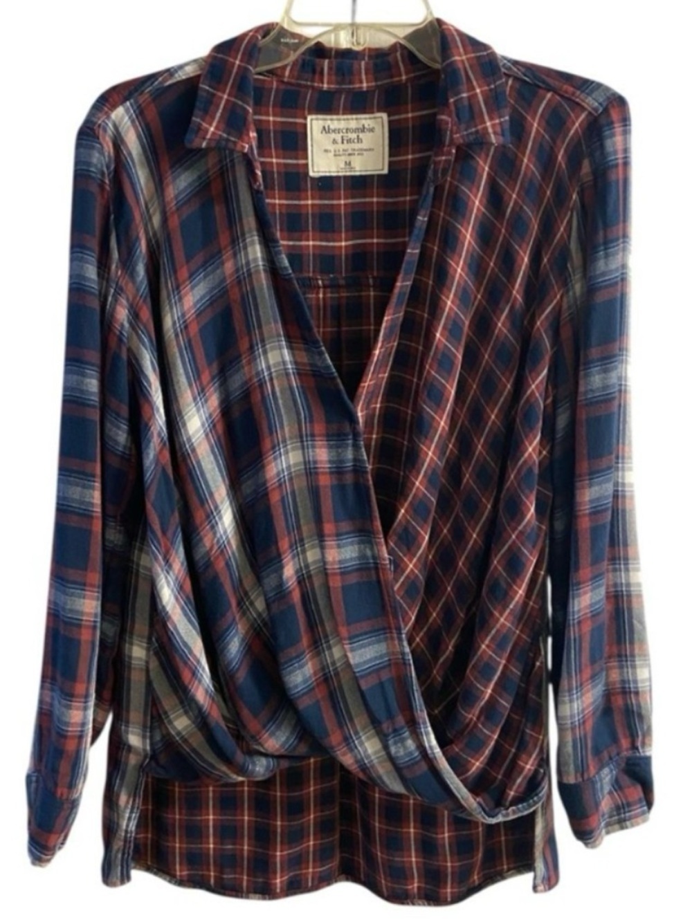Abercrombie & Fitch Navy, Rust and Cream Plaid Wrap Blouse plaid Medium